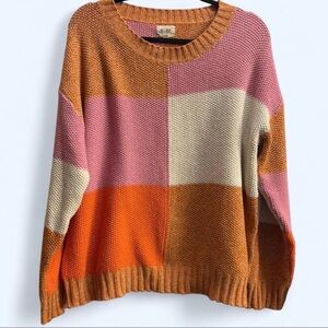 BiBi Colorblock Crewneck Sweater in Pink, Orange, Cream, Brown SZ XL